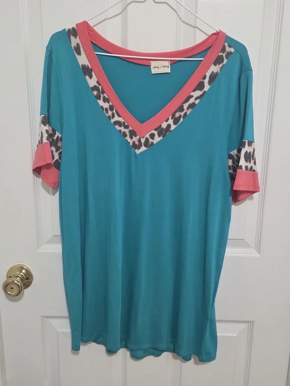 Lovely Melody Teal V-Neck Short Sleeve Top with Coral Trim and Leopard Panels